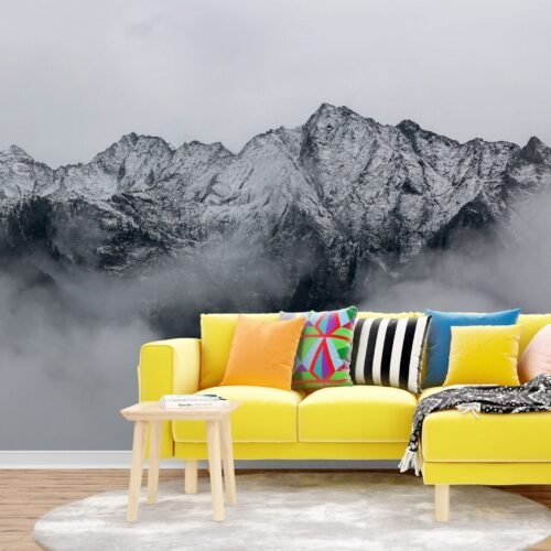 Mountain Peak Wallpaper - Black, Mustard Yellow, Teal & White - Nature Landscape Mural - Wall Mural - Living Room, Bedroom, Entryway