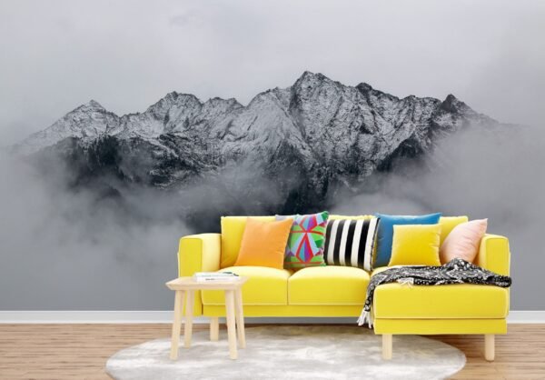 Mountain Peak Wallpaper - Black, Mustard Yellow, Teal & White - Nature Landscape Mural - Wall Mural - Living Room, Bedroom, Entryway