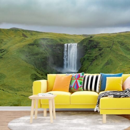 Nature's Beauty Waterfall Wallpaper - Blue & Green Landscape Wall Mural - 3D Effect Wall Art - Serene Home Decor - Living Room & Bedroom