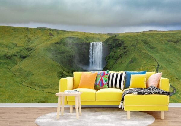 Nature's Beauty Waterfall Wallpaper - Blue & Green Landscape Wall Mural - 3D Effect Wall Art - Serene Home Decor - Living Room & Bedroom