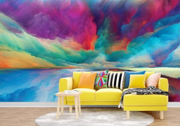 Dreamy Sunset Wallpaper Mural - Colorful Abstract Art - Vibrant Cloudscape - Blue, Green, Orange, Red, Yellow - Home Decor, Living Room, Bedroom