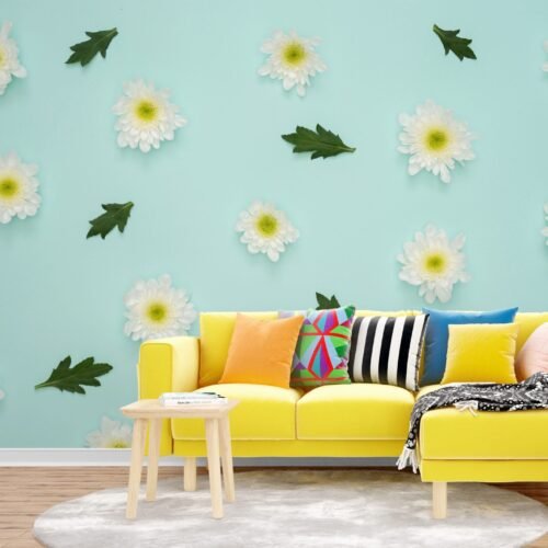 Green & Pink Floral Delight Wallpaper - Daisies & Leaves Mural - Nature Wall Mural - Bedroom, Living Room Decor - Kids Room Decor