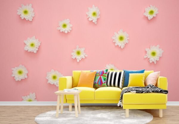 Pink Floral Wallpaper - Elegant & Inviting Mural - Blue, Green, Yellow Flowers - Soothing Wall Mural - Bedroom, Living Room, Dining Room Decor