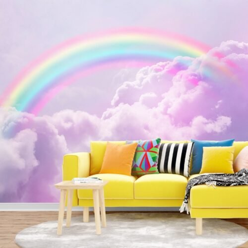 Blue & Gold Rainbow Dream Wallpaper - Pastel Clouds Mural - Dreamy & Whimsical Wall Mural - Kids Room, Nursery Decor