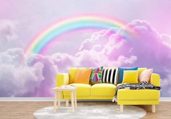 Blue & Gold Rainbow Dream Wallpaper - Pastel Clouds Mural - Dreamy & Whimsical Wall Mural - Kids Room, Nursery Decor