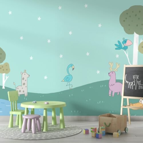 Cute Dinosaur Nursery Wallpaper - Playful Blue & Green Wall Mural - Kids Room Decor - Cartoon Dinosaur Mural with Orange & Yellow