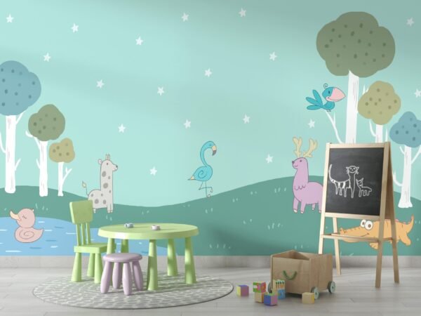 Whimsical Woodland Wallpaper - Blue, Green, White & Yellow - Animals & Nature Mural - Kids Room, Nursery Decor - Playroom