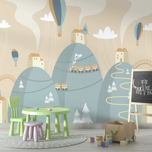 Mountain Adventure Wallpaper - Whimsical & Soft Mural - Hand-Drawn Art - Neutral Colors - Kids Room - Playroom Decor - Summer Decor