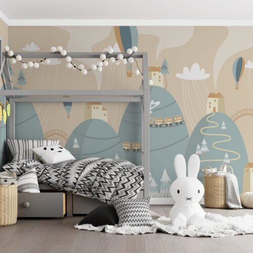 Whimsical Woodland Wallpaper - Blue, Green, White & Yellow - Animals & Nature Mural - Kids Room, Nursery Decor - Playroom