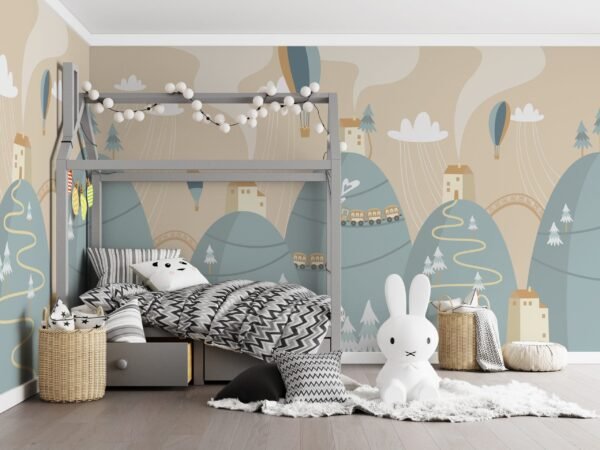 Light Blue, Green & Yellow Kids Room Wallpaper - Playful Wall Mural - Boys & Girls bedroom Nursery Decor - Cartoon Mural with Black & White