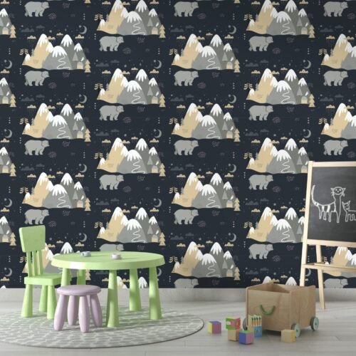 Bear Mountain Night Wallpaper - Whimsical Kids Room Wall Mural - Blue, Gray & Orange Mural - Nursery Decor - Perfect for Boys & Girls