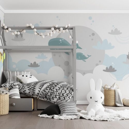 Light Blue, Green & Yellow Kids Room Wallpaper - Playful Wall Mural - Boys & Girls bedroom Nursery Decor - Cartoon Mural with Black & White