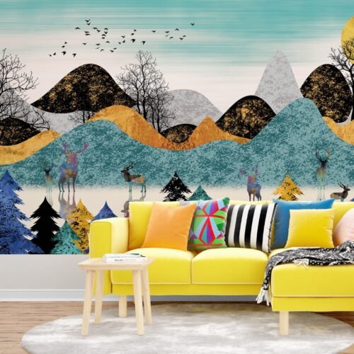 Misty Forest Wallpaper - Blue, Green, Pink & Purple - Animal & Tree Mural - Mountain Landscape Wall Mural - Kids Room, Nursery Decor