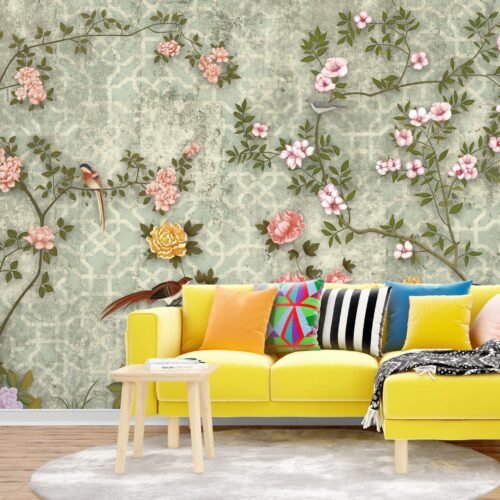 Pink Floral Wallpaper - Elegant & Inviting Mural - Blue, Green, Yellow Flowers - Soothing Wall Mural - Bedroom, Living Room, Dining Room Decor