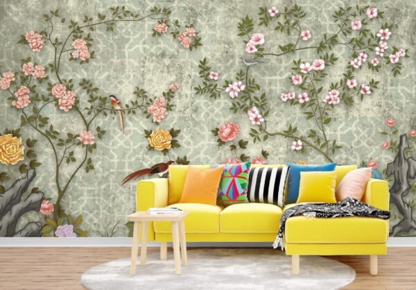 Delicate Floral Garden Wallpaper Green & Pink Tones - Bedroom, Dining, Home Office, Entryway - Summer Decor