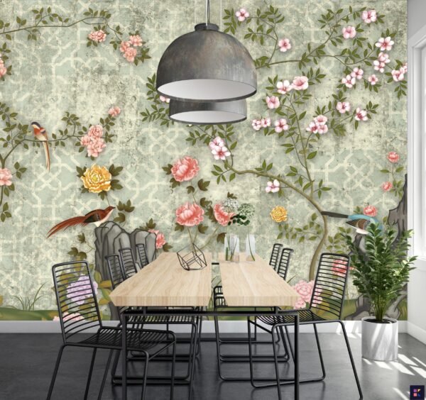 Delicate Floral Garden Wallpaper Green & Pink Tones - Bedroom, Dining, Home Office, Entryway - Summer Decor