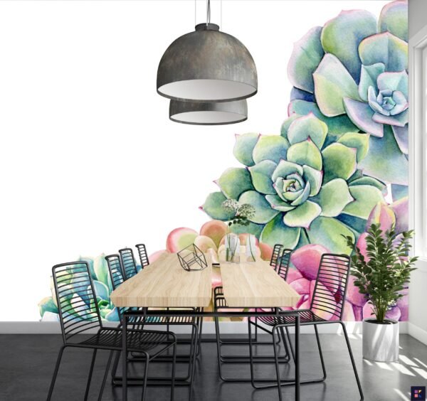 Watercolor Succulents Wallpaper - Botanical & Nature Mural - Bedroom, Dining, Home Office, Entryway - Summer Decor