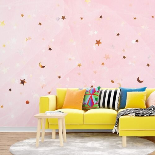 Pink & Gold Starry Night Wallpaper - Dreamy & Whimsical Mural - Kids Room - Nursery Decor - Bedroom Decor Trends - Summer Decor