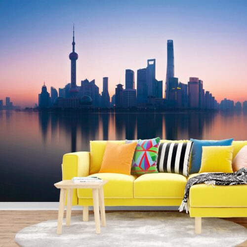 Shanghai Skyline Wallpaper - 3D Mural - Modern Cityscape - Sunset View - Entryway - Summer Decor