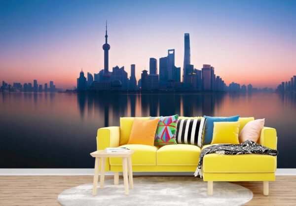 Shanghai Skyline Wallpaper - 3D Mural - Modern Cityscape - Sunset View - Entryway - Summer Decor