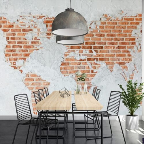 Brick Wall Mural Wallpaper - Whitewashed Brick with Green & Orange Accents - Modern Urban - Kids, Living Room & Dining Room Decor