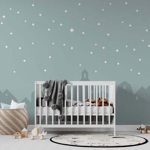 Night City Lights Wallpaper - Baby Room - Nursery Decor - Gender Neutral Mural - Blue & Gray Tones - City Skyline - Summer Decor