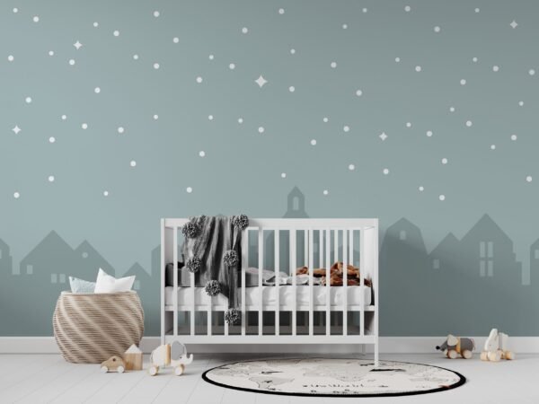 Night City Lights Wallpaper - Baby Room - Nursery Decor - Gender Neutral Mural - Blue & Gray Tones - City Skyline - Summer Decor