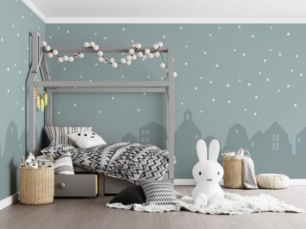 Night City Lights Wallpaper - Baby Room - Nursery Decor - Gender Neutral Mural - Blue & Gray Tones - City Skyline - Summer Decor