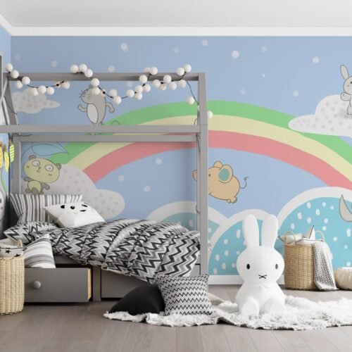 Woodland Animals Wallpaper - Blue & Green Forest Wall Mural - Kids . Boys & Girls Room, Nursery Decor - Cartoon Animals Mural with Gray & White