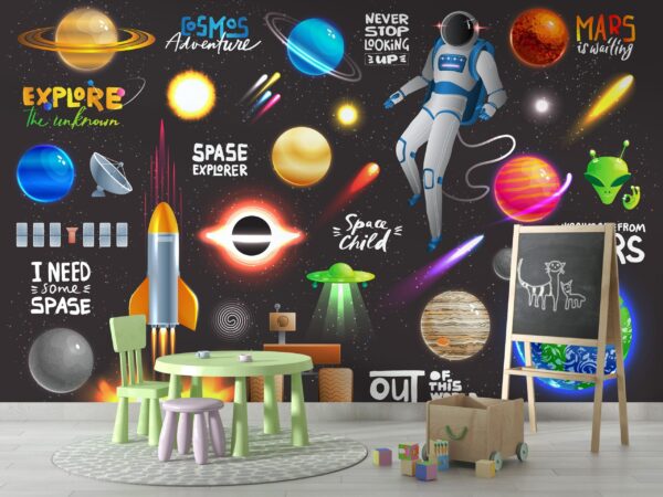 Space Adventure Wallpaper - Astronauts & Planets Mural - Kids Room - Playroom Decor - Bedroom Decor Trends - Summer Decor