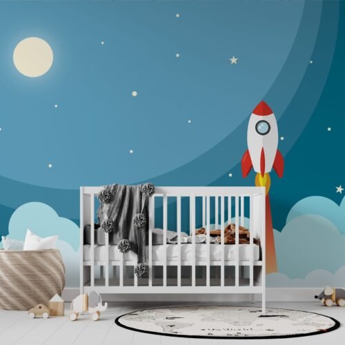 Rocket Ship Wallpaper - Space Themed Mural - Colorful & Playful - Kids Room - Nursery Decor - Bedroom Decor Trends - Summer Decor