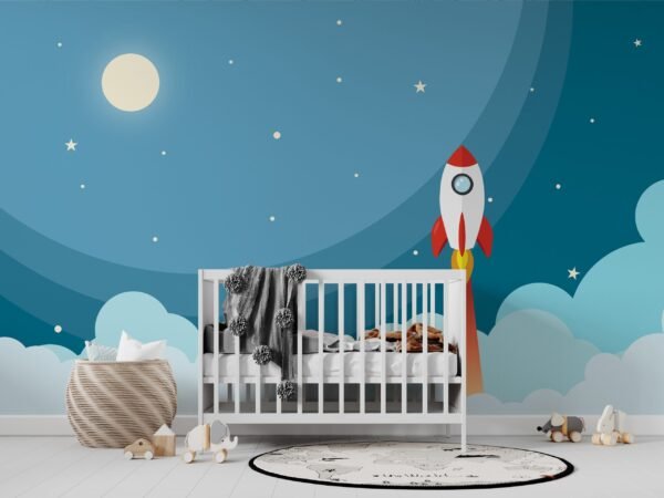 Rocket Ship Wallpaper - Space Themed Mural - Colorful & Playful - Kids Room - Nursery Decor - Bedroom Decor Trends - Summer Decor