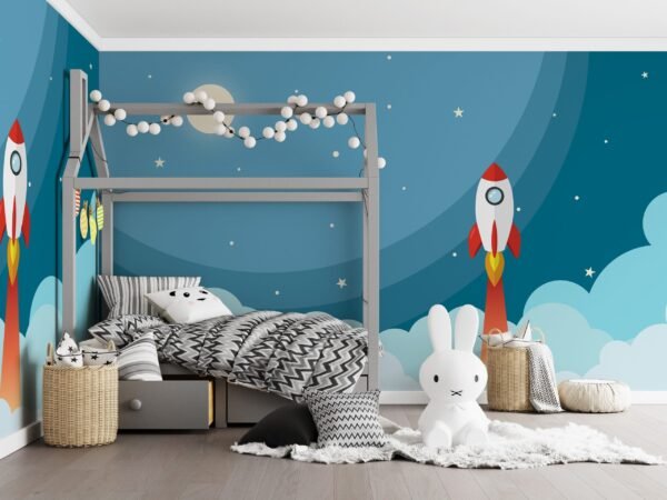 Rocket Ship Wallpaper - Space Themed Mural - Colorful & Playful - Kids Room - Nursery Decor - Bedroom Decor Trends - Summer Decor