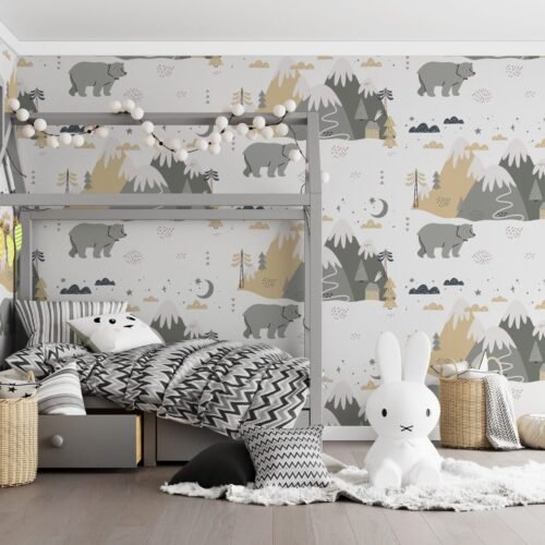 Woodland Animals Wallpaper - Blue & Green Forest Wall Mural - Kids . Boys & Girls Room, Nursery Decor - Cartoon Animals Mural with Gray & White