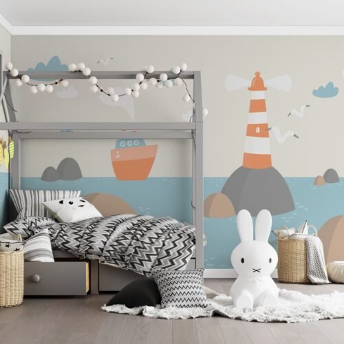 Lighthouse and Sailboat Wallpaper - Gray, Purple & White - Ocean & Sky Mural Kids Room, Nursery Decor