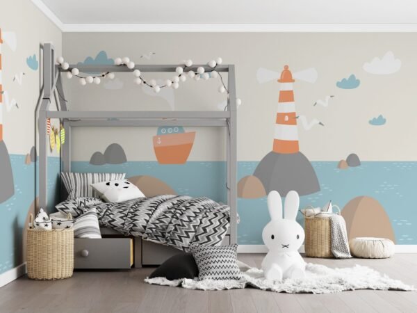 Lighthouse and Sailboat Wallpaper - Gray, Purple & White - Ocean & Sky Mural Kids Room, Nursery Decor