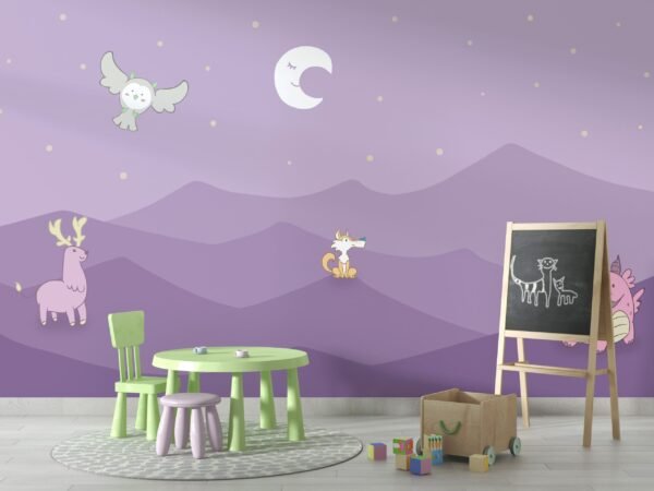 Purple Mountain Kids Room Wallpaper - Whimsical & Creative Mural - Colorful & Fun - Animal - Playroom Decor - Summer Decor