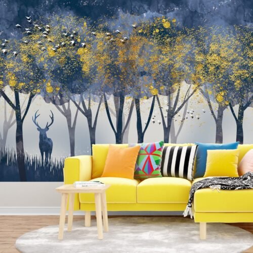 Misty Forest Wallpaper - Blue & Gray Tones - Contemporary & Minimalist Mural - Nature - Bedroom, Living Room & Home Office - Summer Decor