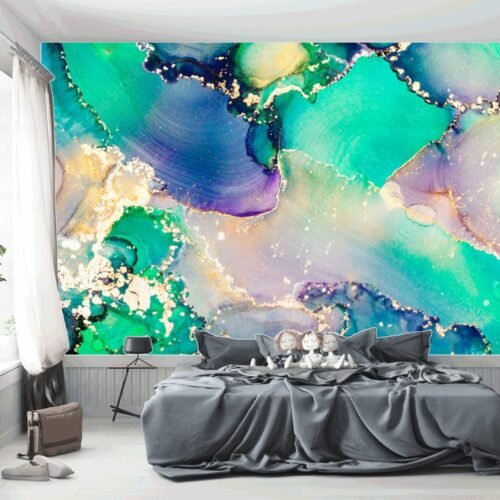 Blue Abstract Art Wallpaper - Green, Orange & Pink Accents - Bold & Vibrant Mural - Modern Wall Mural - Living Room, Bedroom, Dining Room Decor