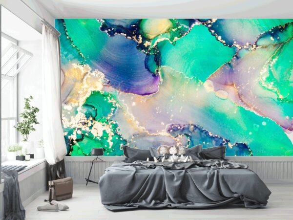 Dreamy Watercolor Wallpaper - Abstract & Fluid Mural - Metallic Accents - Calming - Luxury Home Decor - Bedroom & Living Room - Summer Decor