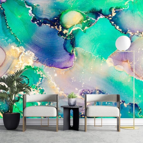 Dreamy Watercolor Wallpaper - Abstract & Fluid Mural - Metallic Accents - Calming - Luxury Home Decor - Bedroom & Living Room - Summer Decor