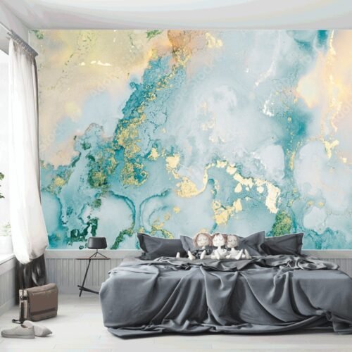 Dreamy Marble Wallpaper - Blue & Gold Accents - Bedroom, Living Room & Dining Room - Office Decor - Modern Art - Summer Decor