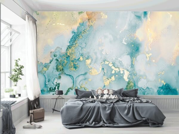 Dreamy Marble Wallpaper - Blue & Gold Accents - Bedroom, Living Room & Dining Room - Office Decor - Modern Art - Summer Decor