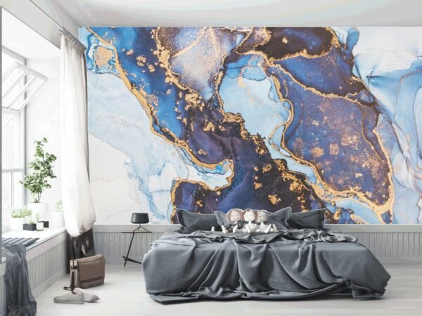 Blue & Gold Marble Wallpaper - Classic & Elegant Mural - Timeless Luxury - Inviting Home Decor - Modern Art - Summer Decor