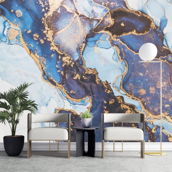 Blue & Gold Marble Wallpaper - Classic & Elegant Mural - Timeless Luxury - Inviting Home Decor - Modern Art - Summer Decor