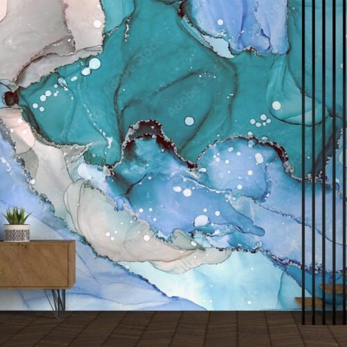 Abstract Colorful Fluid Art Wallpaper - Modern Home Decor Wall Mural - Green & Grey Wall Art - Contemporary Interior Mural - Living Room & Bedroom