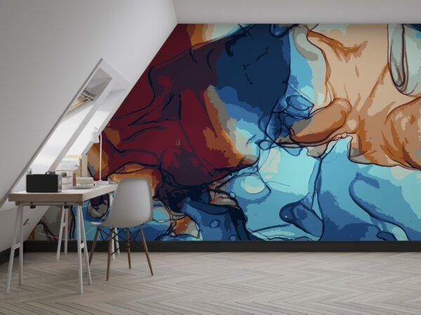 Blue and Red Marble Wallpaper - Modern Abstract Wall Mural - Luxury Home Decor - Living Room, Dining Room & Bedroom - Contemporary Interior Mural