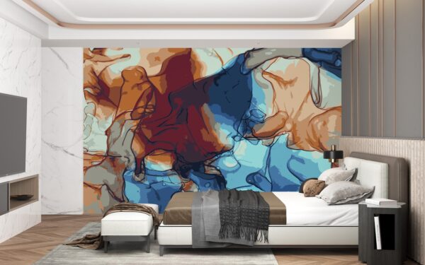 Blue and Red Marble Wallpaper - Modern Abstract Wall Mural - Luxury Home Decor - Living Room, Dining Room & Bedroom - Contemporary Interior Mural