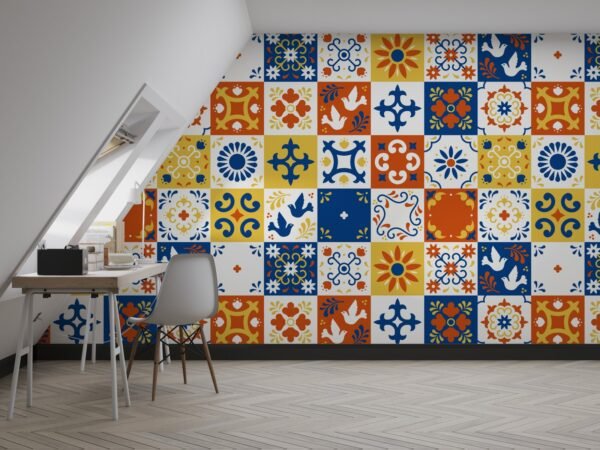 Colorful Portuguese Tiles Wallpaper - Mediterranean Style Wall Mural - Geometric Patterns - Home Decor - Living Room & Kitchen Decor