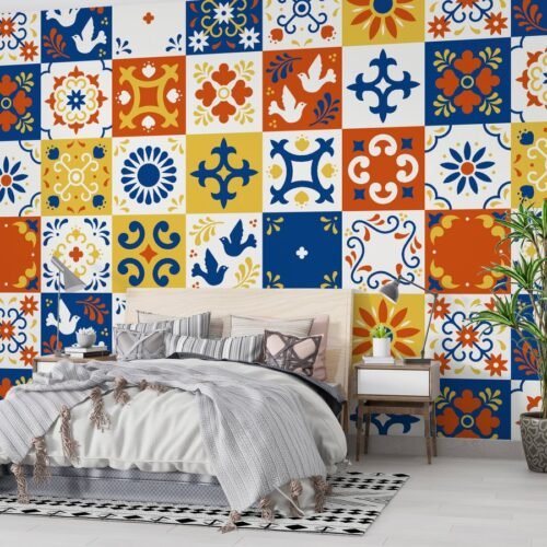 Colorful Portuguese Tiles Wallpaper - Mediterranean Style Wall Mural - Geometric Patterns - Home Decor - Living Room & Kitchen Decor